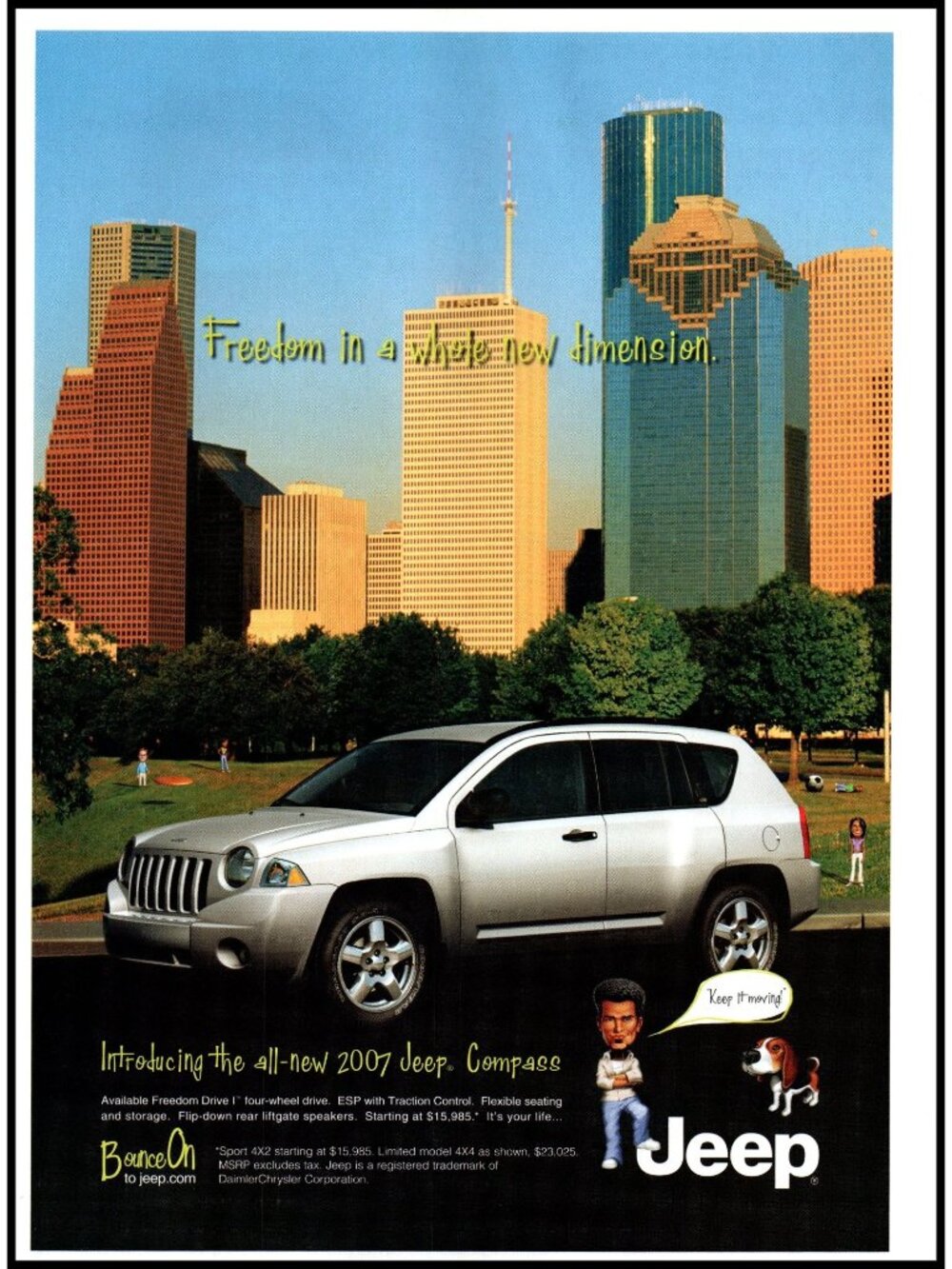 2007 Jeep Compass Compact SUV Vintage Print Ad Houston Skyline Park Wall Art